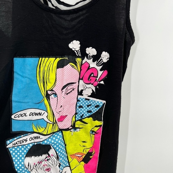 Rue 21 Cartoon Distressed Black Sleeveless Shirt Small - Picture 3 of 5